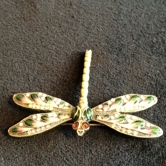 Green Enamel/Austrian Crystal Dragonfly Brooch - Picture 5 of 5